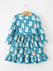 Fall Cat Print Girls Long Sleeve Ruffle Hem Dress