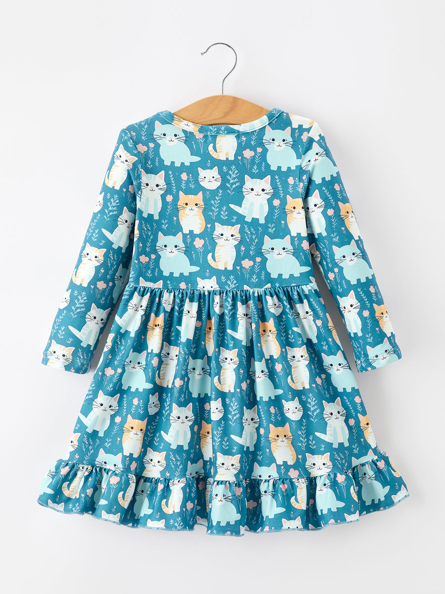 PREORDER Fall Cat Print Girls Long Sleeve Ruffle Hem Dress 7