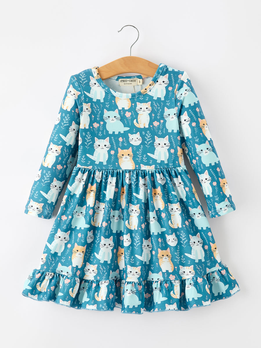 PREORDER Fall Cat Print Girls Long Sleeve Ruffle Hem Dress 7