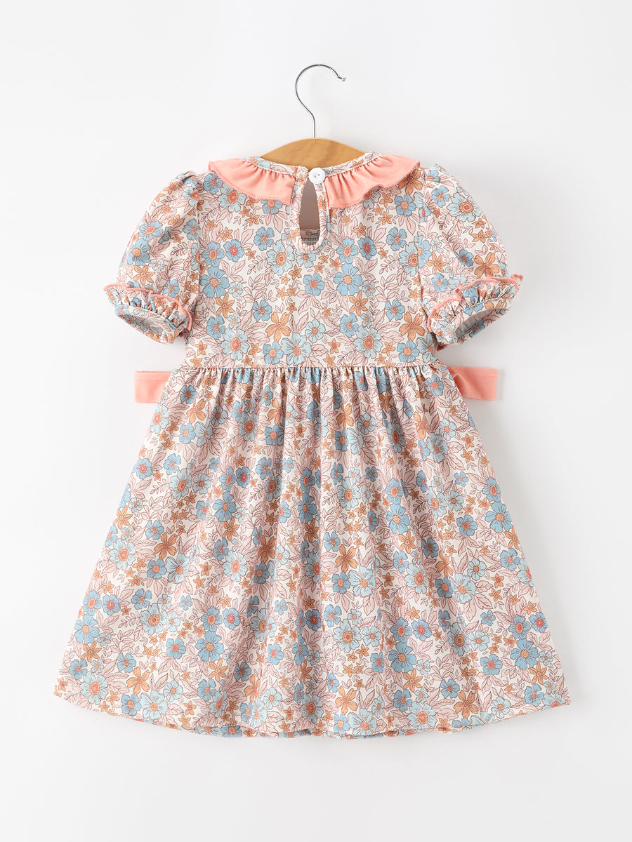 Fall Floral Girls Dress Smocked Ruffle Neck Bow
