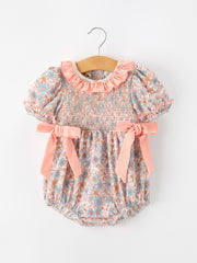 Fall Floral Baby Romper Smocked Ruffle Neck Bow