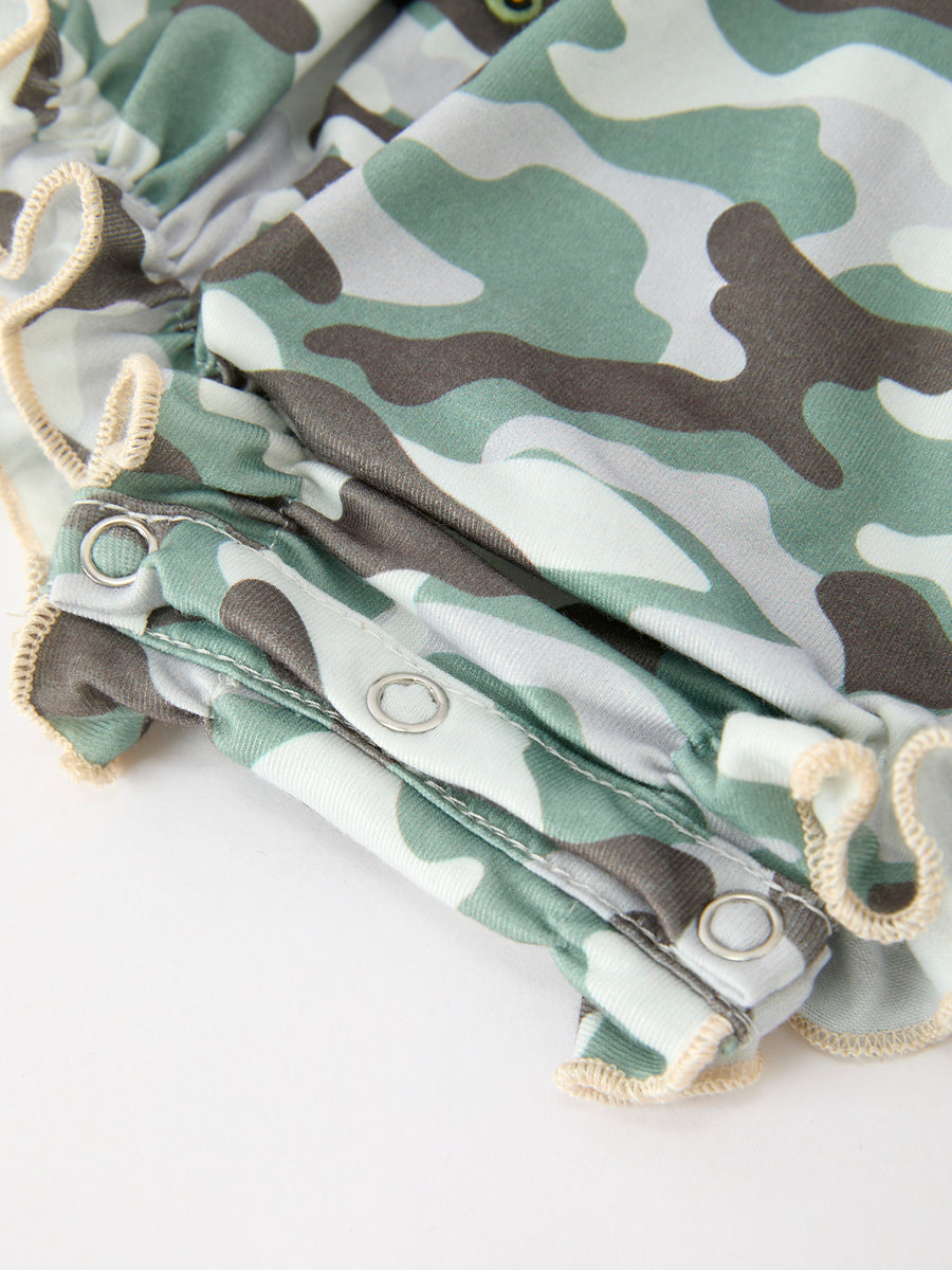 Fall Camo Bow Girls Ruffle Bubble Romper