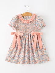 Fall Floral Girls Dress Smocked Ruffle Neck Bow