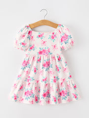 Fall Pink Floral Puff Sleeve Girls Dress