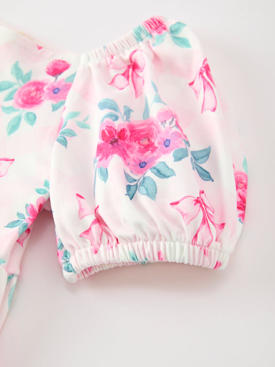 Fall Pink Floral Puff Sleeve Girls Dress