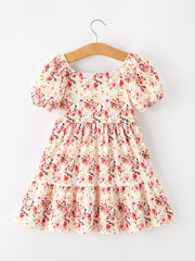 Fall Vintage Floral Puff Sleeve Girls Dress