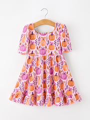 Thanksgiving Halloween Pumpkin Bow Ruffled Girls Dress