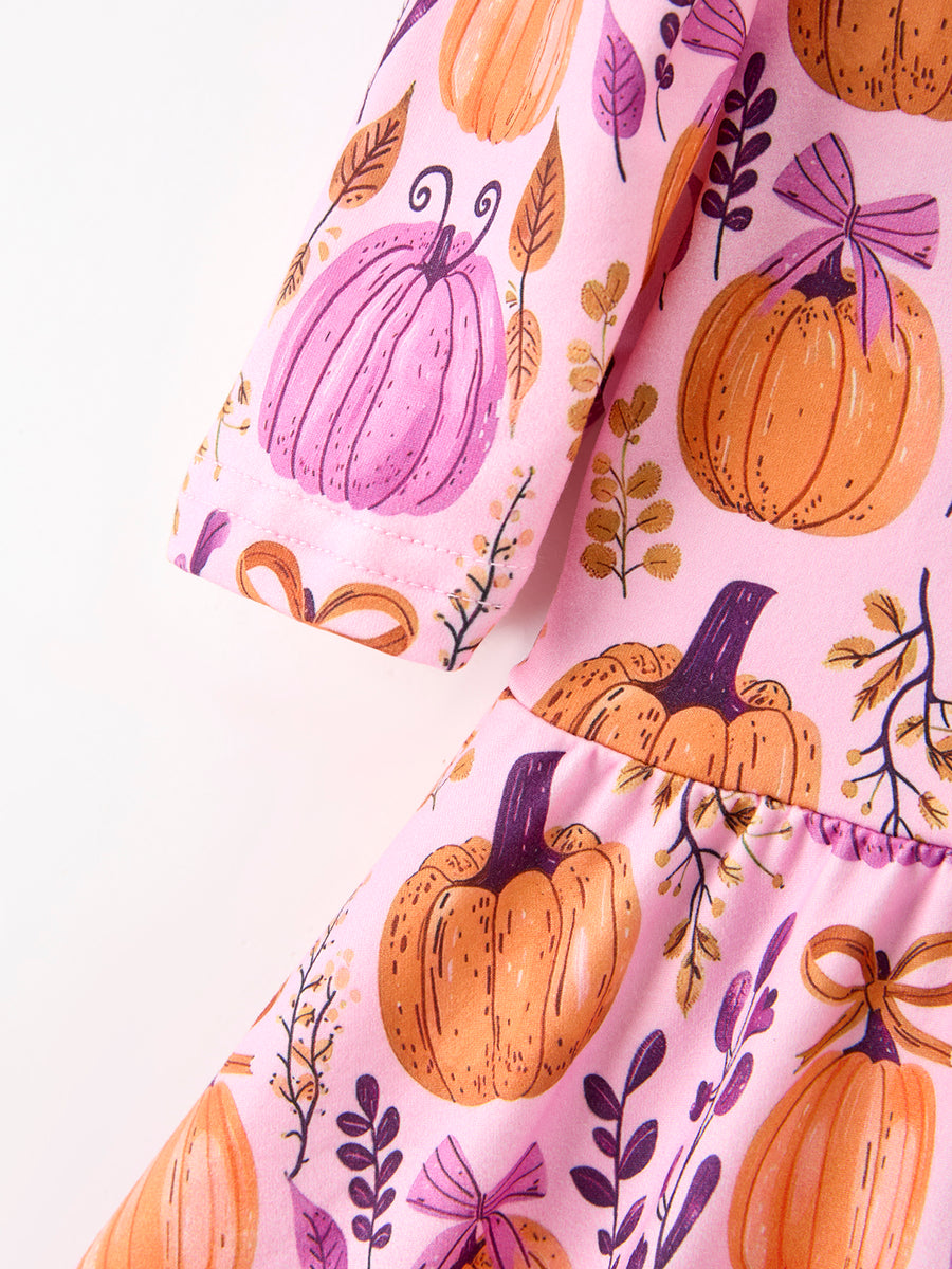 Thanksgiving Halloween Pumpkin Bow Ruffled Girls Dress