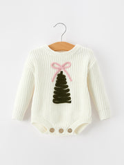 Winter Christmas Tree Girls Knit Romper Bow Long Sleeve