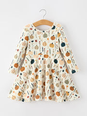 Fall Orange Pumpkin & Leaf Twirl Girls Dress