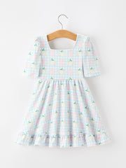 Fall Pastel Pumpkin Bow Plaid Girls Ruffle Hem Dress