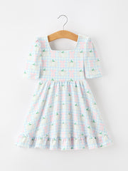 Fall Pastel Pumpkin Bow Plaid Girls Ruffle Hem Dress