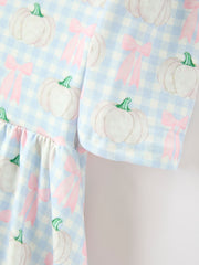 Fall Pastel Pumpkin Bow Plaid Girls Ruffle Hem Dress