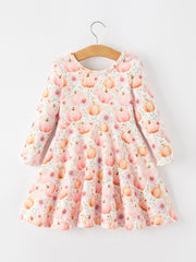 Fall Pink Pumpkin Girls Long Sleeve Twirl Dress