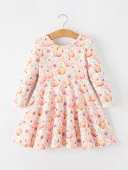 Fall Pink Pumpkin Girls Long Sleeve Twirl Dress