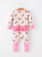 Western Horse Print Girls Romper Ruffle Zipper Long Sleeve