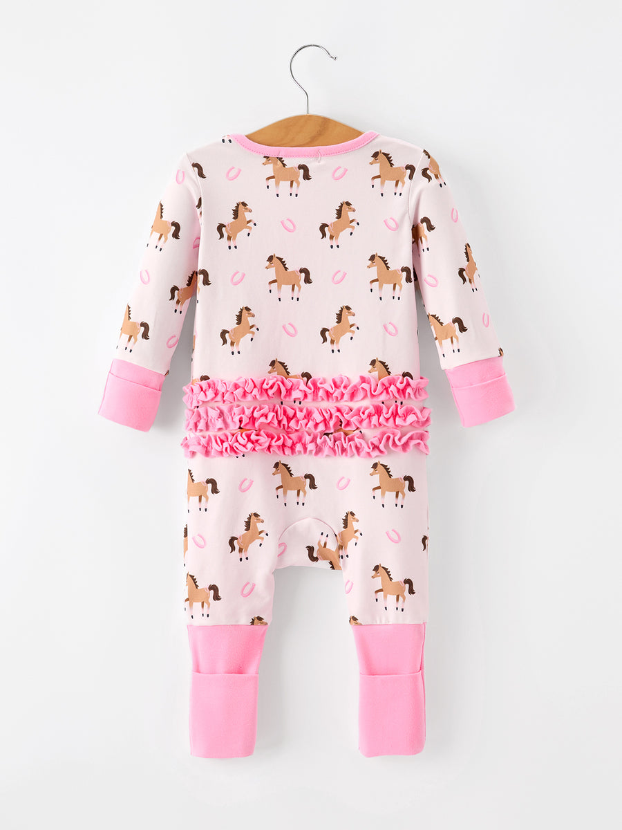 Western Horse Print Girls Romper Ruffle Zipper Long Sleeve