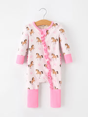 Western Horse Print Girls Romper Ruffle Zipper Long Sleeve