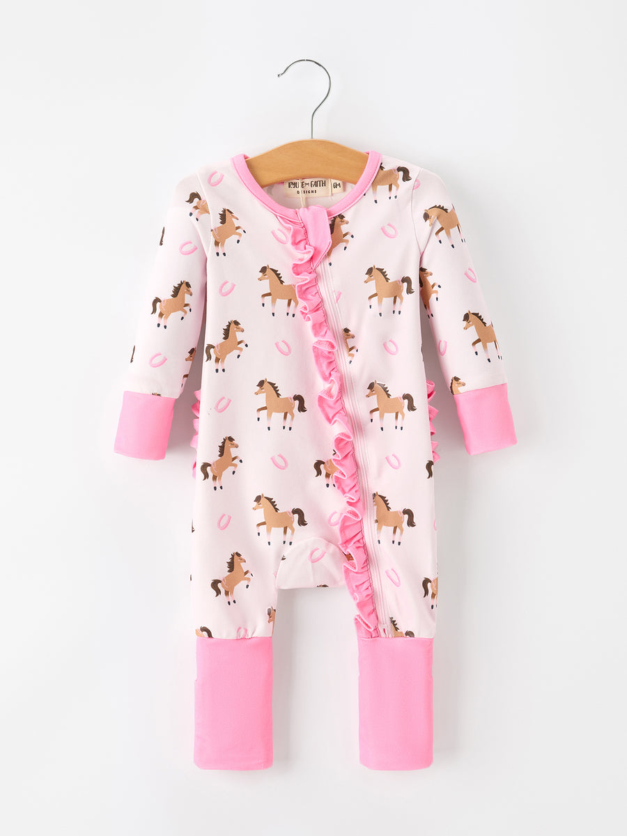 Western Horse Print Girls Romper Ruffle Zipper Long Sleeve