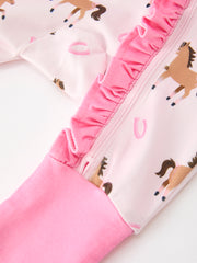 Western Horse Print Girls Romper Ruffle Zipper Long Sleeve