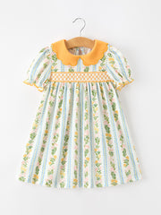 Fall Smocked Floral & Stripe Baby Girl Dress with Scallop Collar