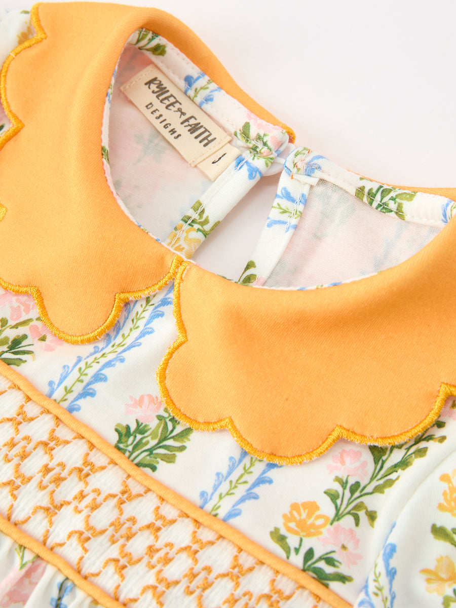 Fall Smocked Floral & Stripe Baby Girl Dress with Scallop Collar
