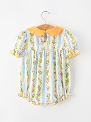 Fall Smocked Floral & Stripe Baby Girl Romper with Scallop Collar