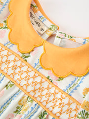 Fall Smocked Floral & Stripe Baby Girl Romper with Scallop Collar