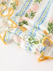 Fall Smocked Floral & Stripe Baby Girl Romper with Scallop Collar