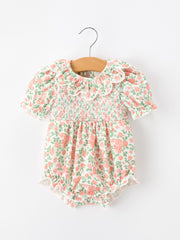 Fall Blush Floral Baby Romper Smocked Petal Collar