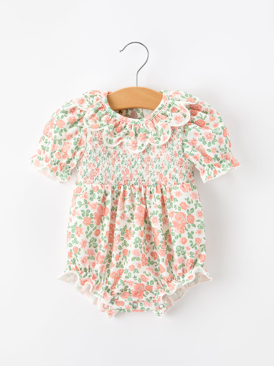 Fall Blush Floral Baby Romper Smocked Petal Collar