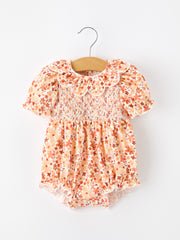 Fall Rust Floral Baby Romper Smocked Petal Collar