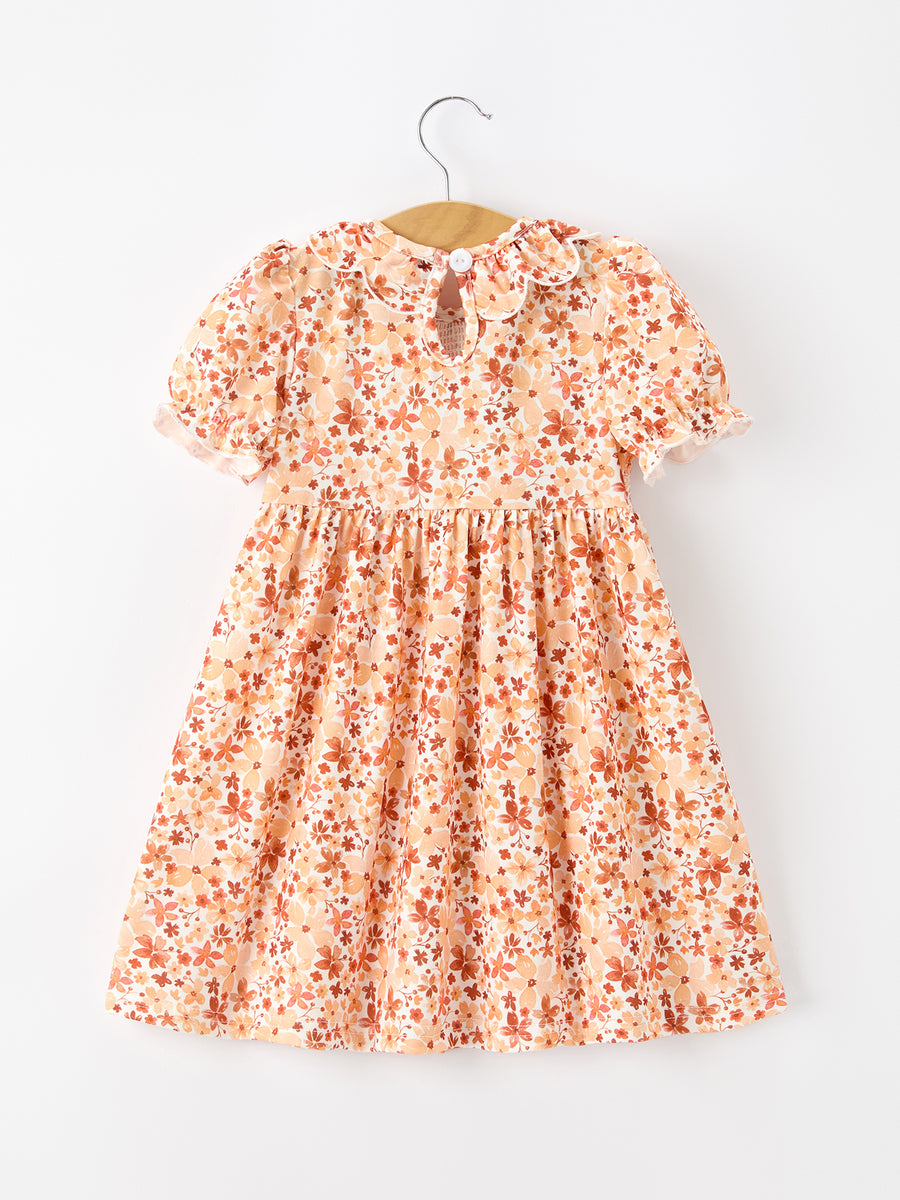 Fall Rust Floral Baby Girls Dress Smocked Petal Collar