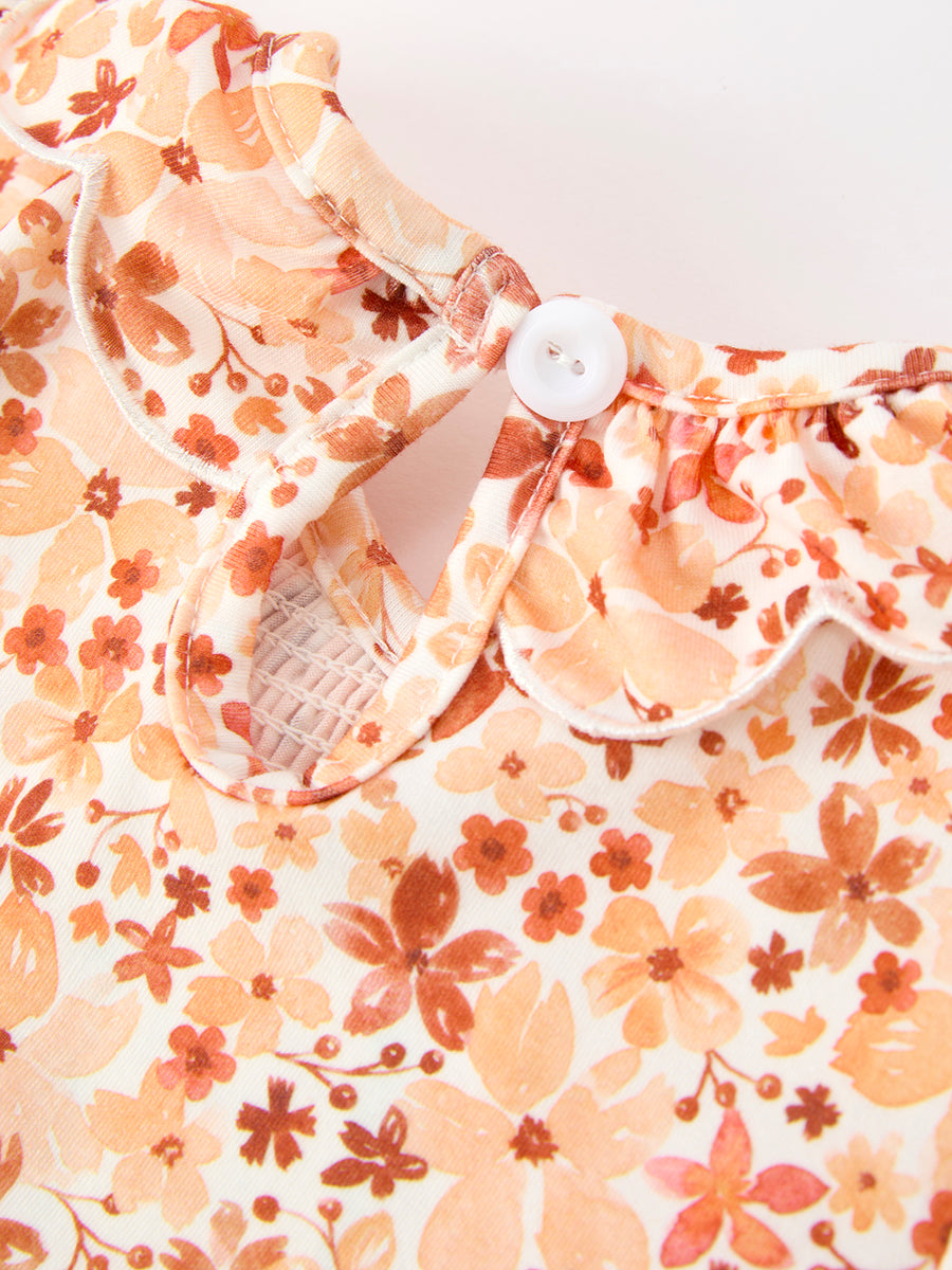 Fall Rust Floral Baby Girls Dress Smocked Petal Collar