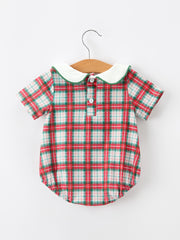 Christmas Tree Plaid Boys Romper Peter Pan Collar Smocked