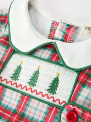 Christmas Tree Plaid Boys Romper Peter Pan Collar Smocked