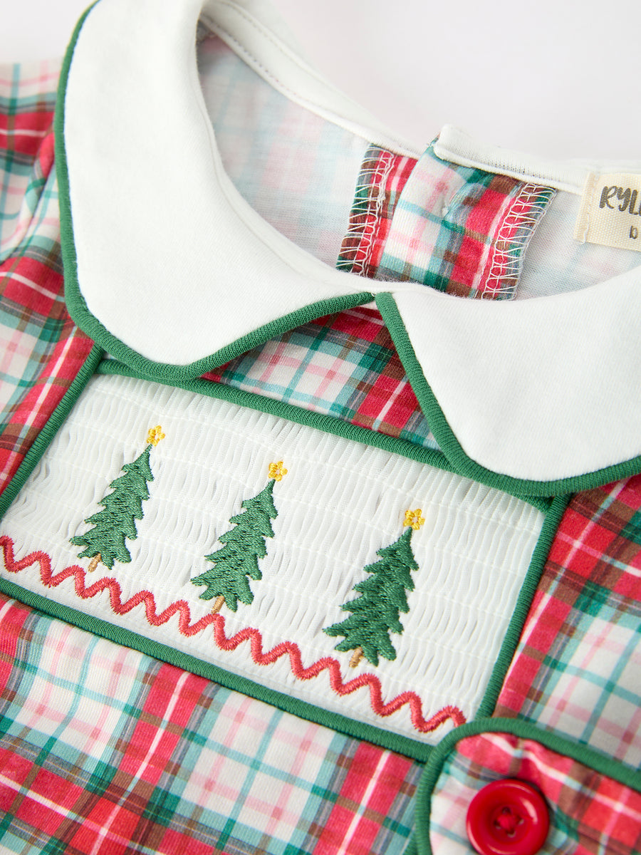 Christmas Tree Plaid Boys Romper Peter Pan Collar Smocked