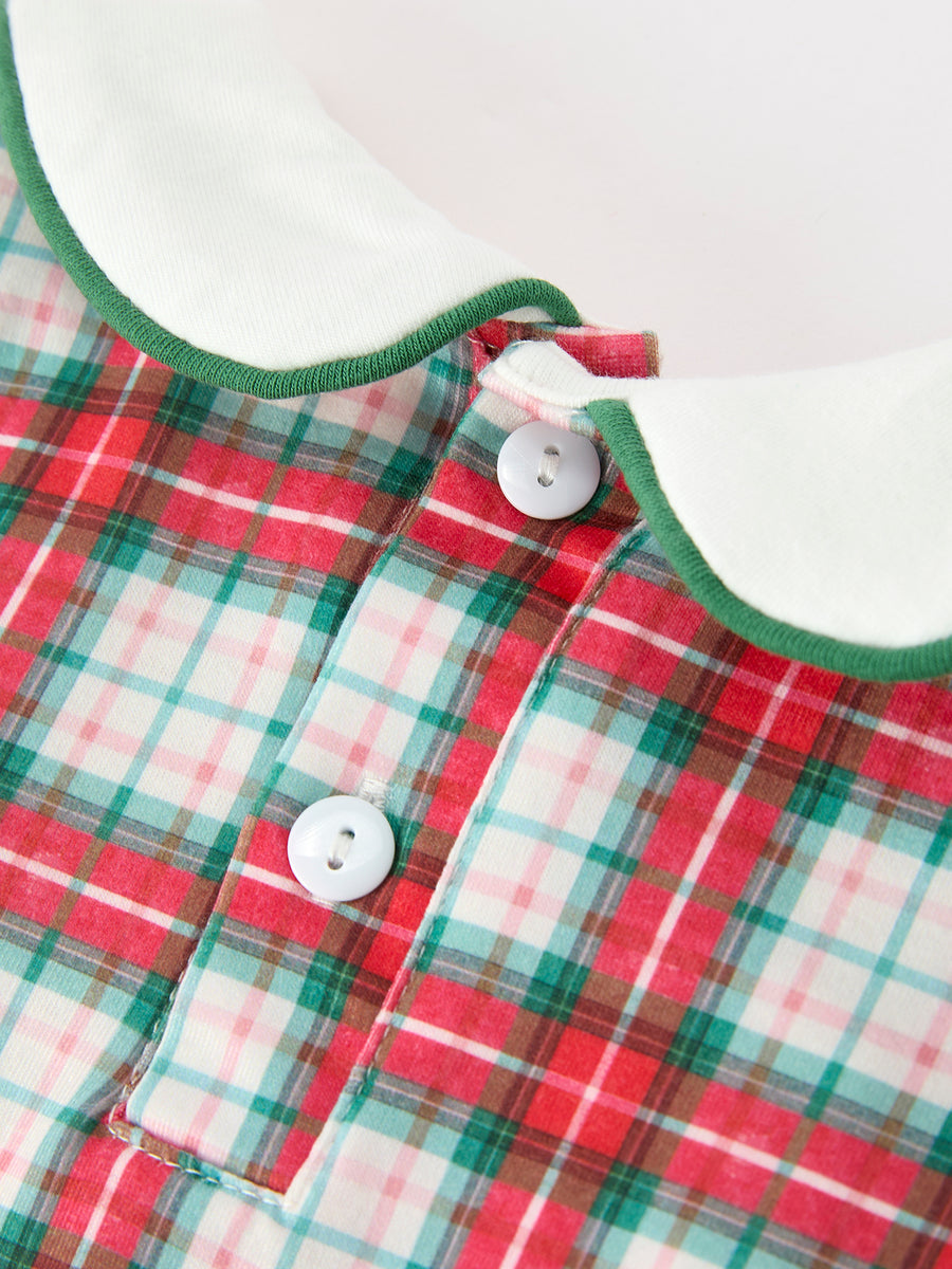 Christmas Tree Plaid Boys Romper Peter Pan Collar Smocked