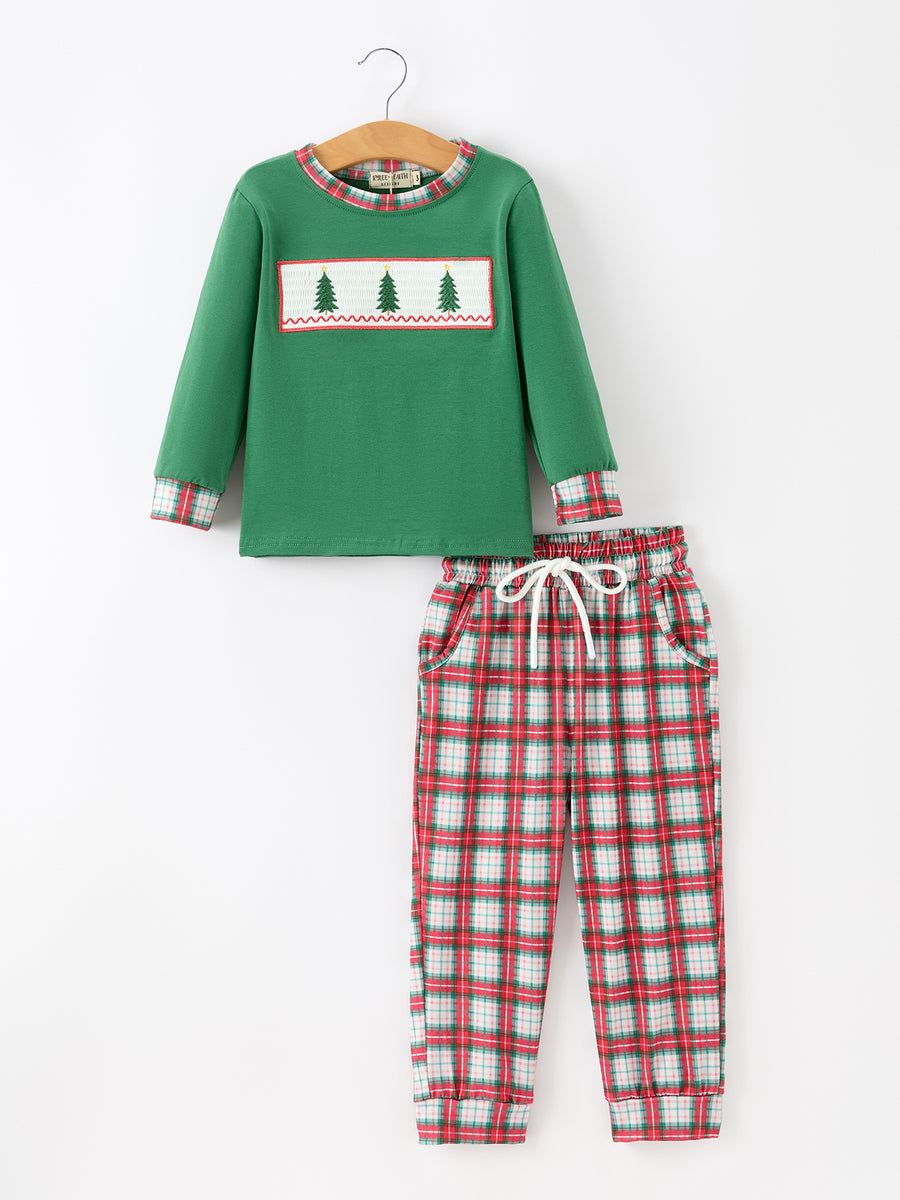 Christmas Tree Plaid Boys Set Long Sleeve Top Pants