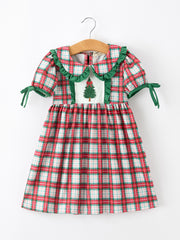Christmas Tree Plaid Girls Dress Petals Collar Ruffle