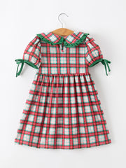 Christmas Tree Plaid Girls Dress Petals Collar Ruffle