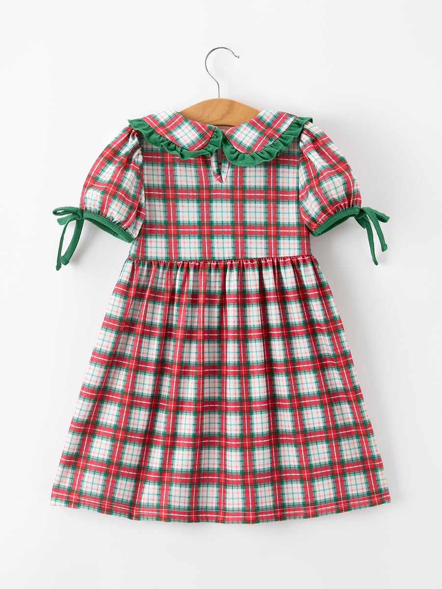 Christmas Tree Plaid Girls Dress Petals Collar Ruffle