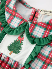 Christmas Tree Plaid Girls Dress Petals Collar Ruffle