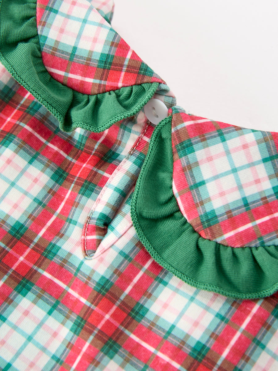 Christmas Tree Plaid Girls Dress Petals Collar Ruffle