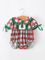 Christmas Tree Plaid Girls Romper Petals Collar Ruffle