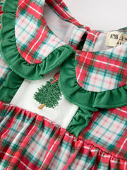 Christmas Tree Plaid Girls Romper Petals Collar Ruffle