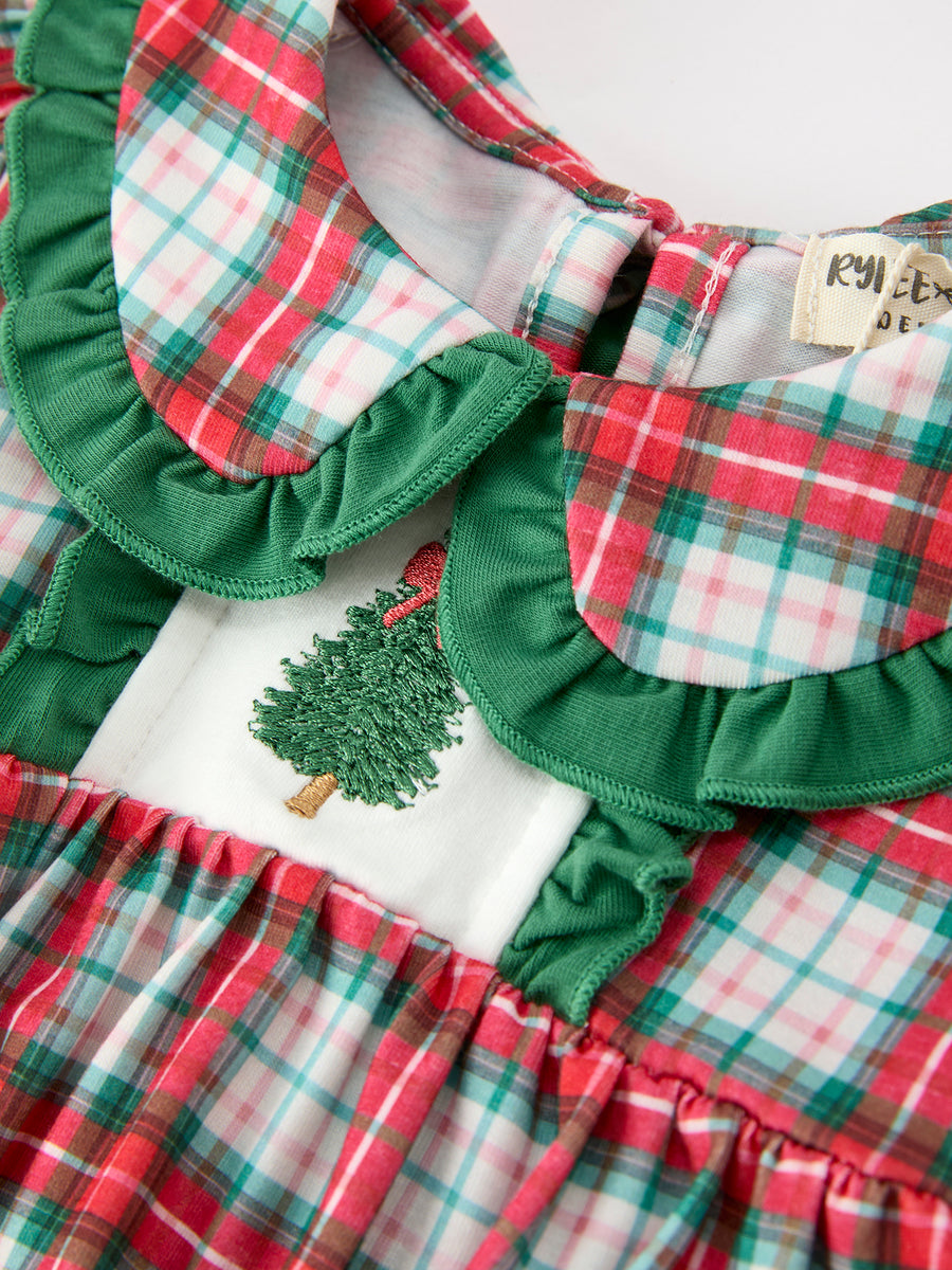Christmas Tree Plaid Girls Romper Petals Collar Ruffle