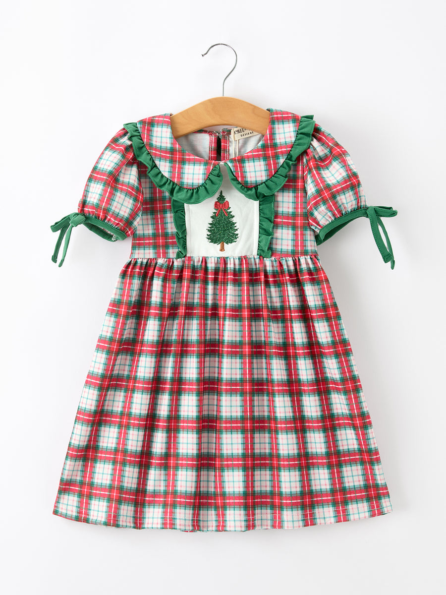 Christmas Tree Plaid Girls Dress Petals Collar Ruffle