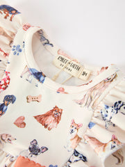 Fall Dog Print Girls Long Sleeve Ruffle Bow Romper