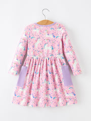 Pink Unicorn Girls Pocket Dress Rainbow Star Print
